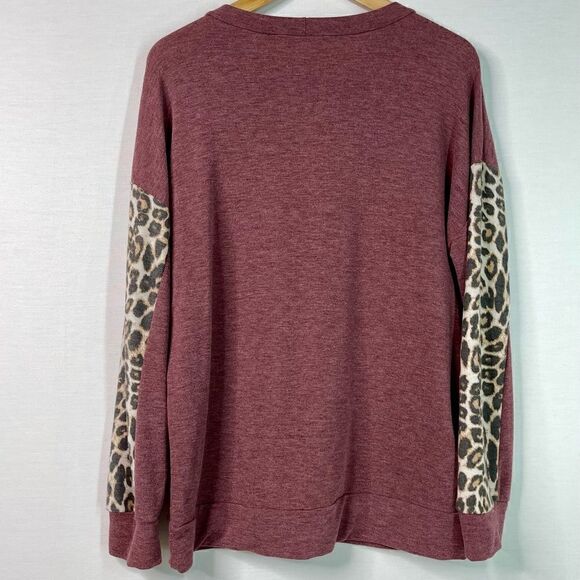 NWT First Love Brushed Fleece Leopard Patchwork Long Sleeve (Burgundy) - Large - Picture 2 of 9